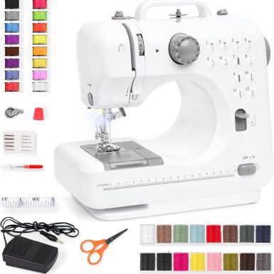Best Choice Products Compact Sewing Machine, 42-Piece Beginners Kit, Multifunctional Portable 6V for Beginner w/ 12 Stitch Patterns, Light, Foot Pedal, Storage Drawer - Gray/White